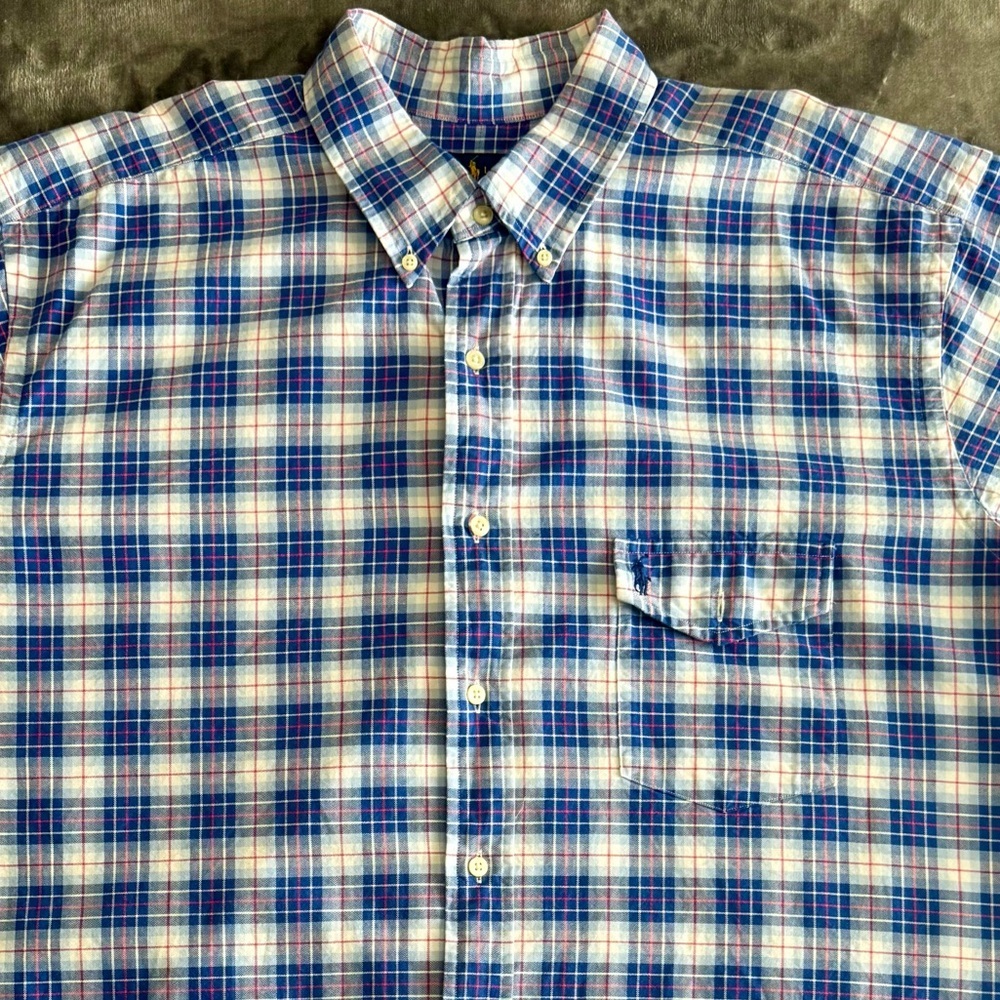 Ralph Lauren Mens 2XLT Blue Pink Plaid Short Sleeve Button Down Shirt Cotton EUC
